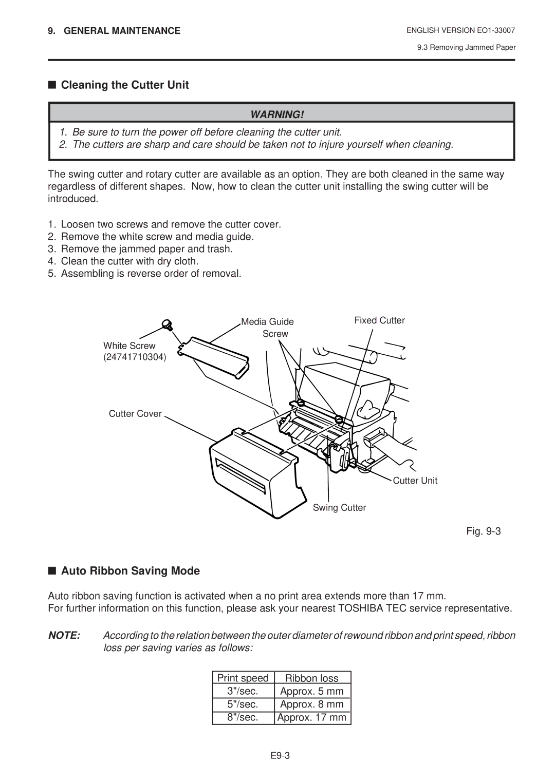 Toshiba B-480-QP SERIES owner manual Cleaning the Cutter Unit, Auto Ribbon Saving Mode 