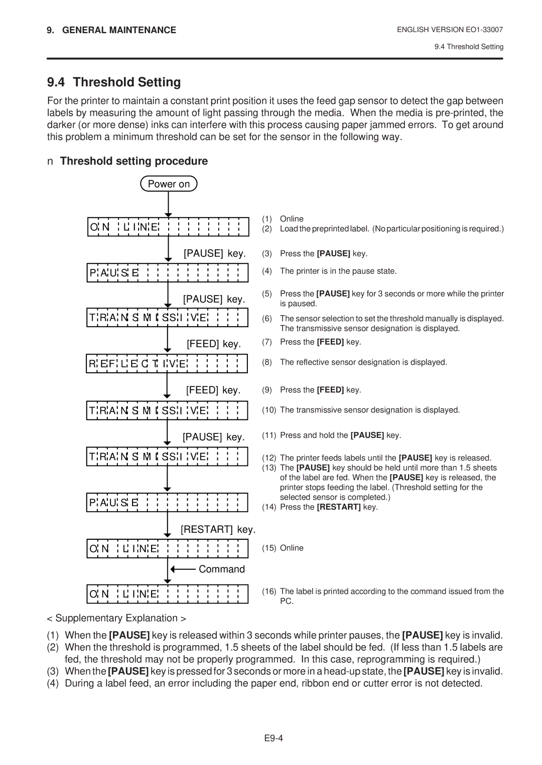 Toshiba B-480-QP SERIES owner manual Threshold Setting, Threshold setting procedure, Power on, Pause key, Command 