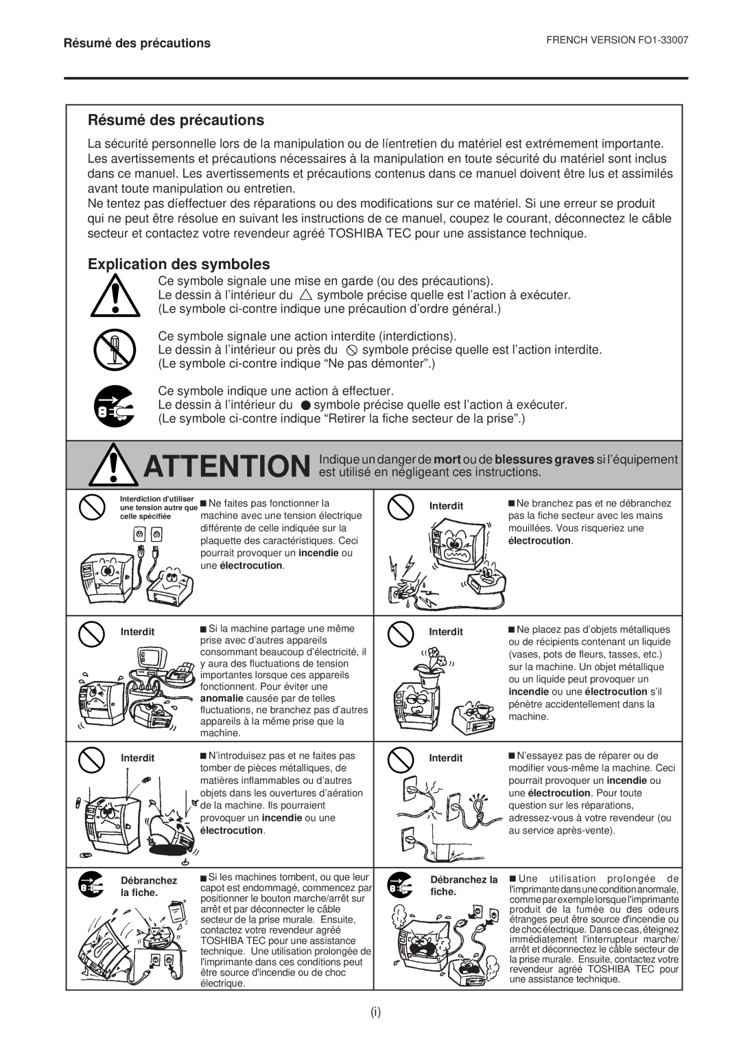 Toshiba B-480-QP SERIES owner manual Résumé des précautions, Explication des symboles 