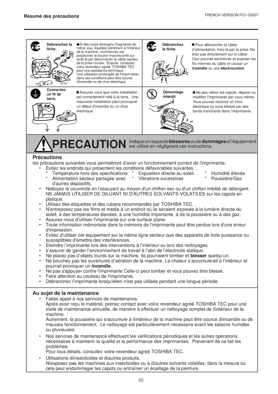 Toshiba B-480-QP SERIES owner manual Précautions, Au sujet de la maintenance 