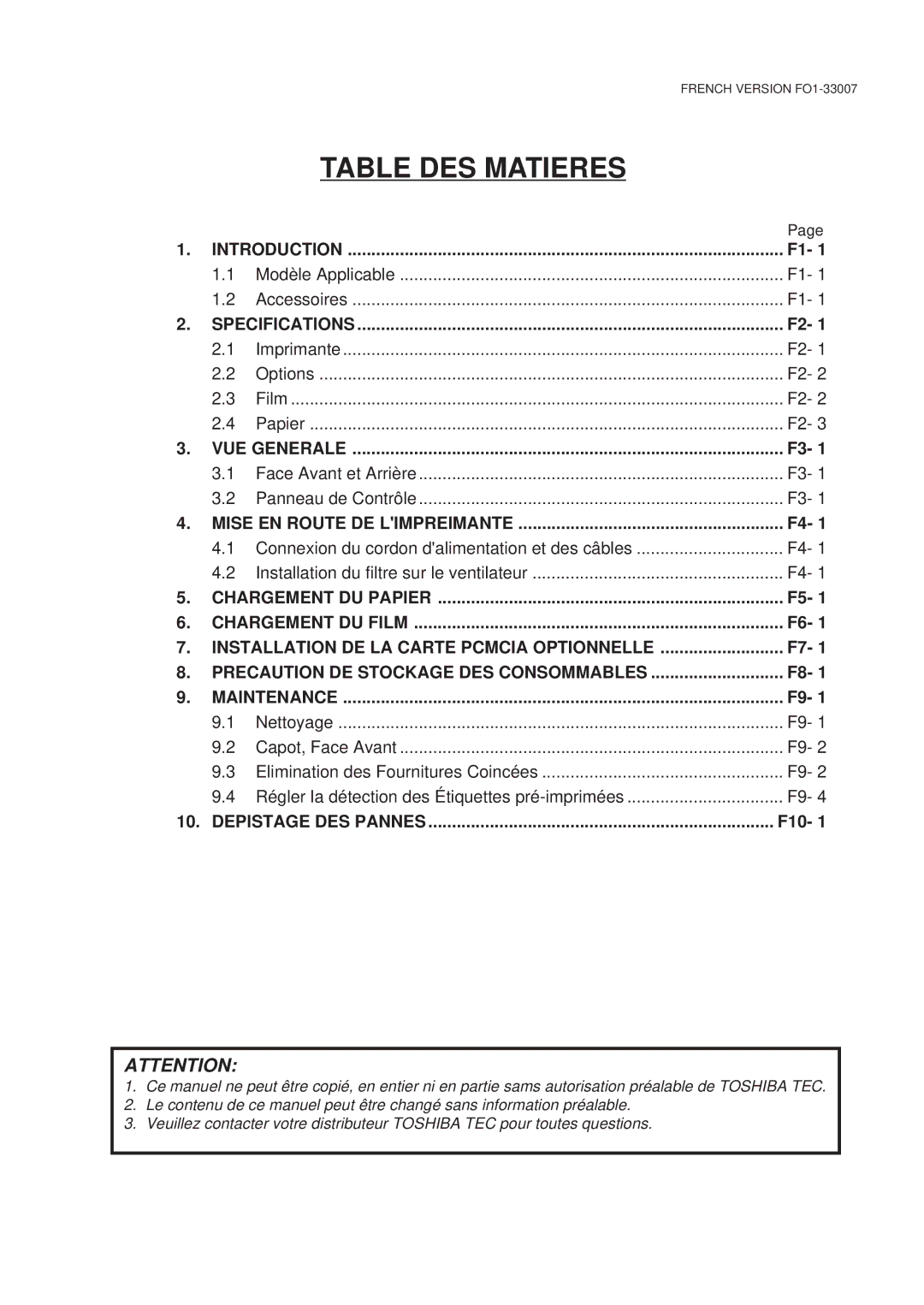 Toshiba B-480-QP SERIES owner manual Table DES Matieres, F10 