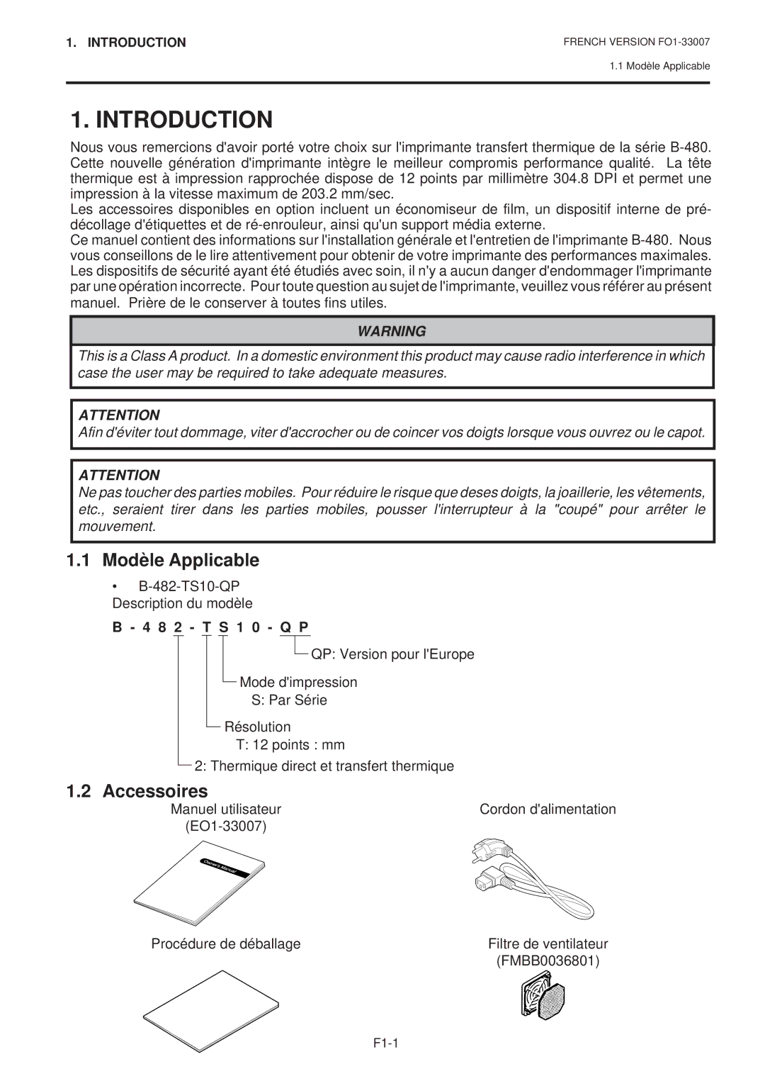 Toshiba B-480-QP SERIES owner manual Modèle Applicable, Accessoires, 482-TS10-QP Description du modèle 