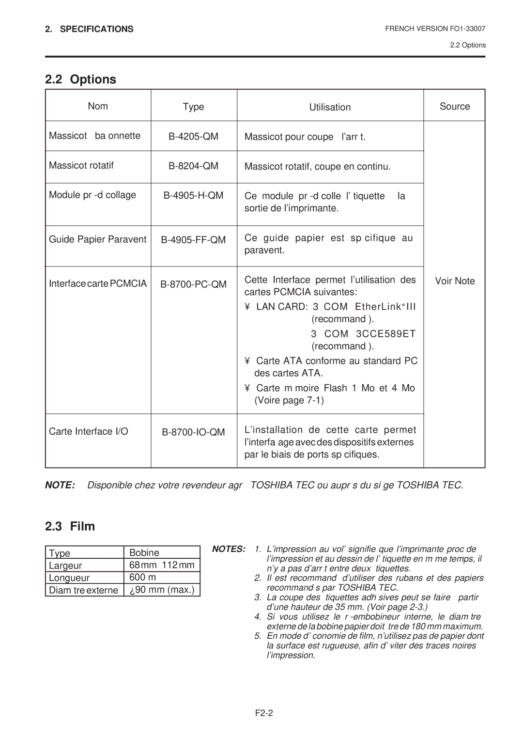 Toshiba B-480-QP SERIES owner manual Options, Film, LAN Card 3 COM, COM 3CCE589ET 