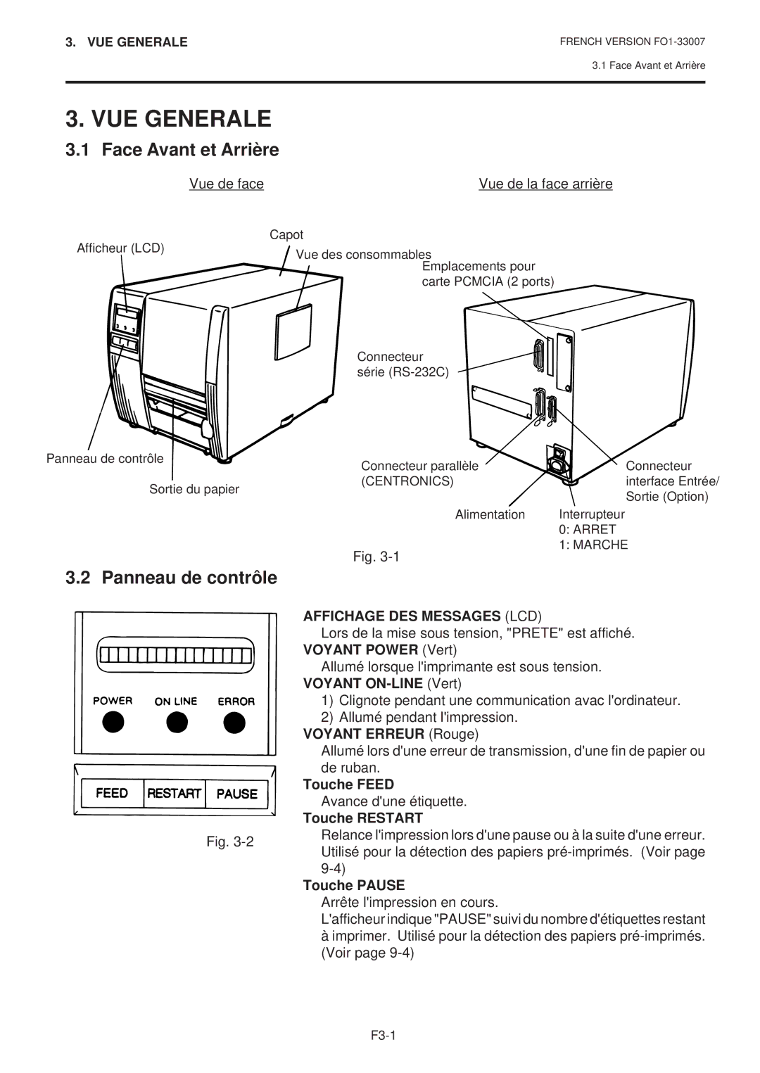 Toshiba B-480-QP SERIES owner manual VUE Generale, Face Avant et Arrière, Panneau de contrôle 