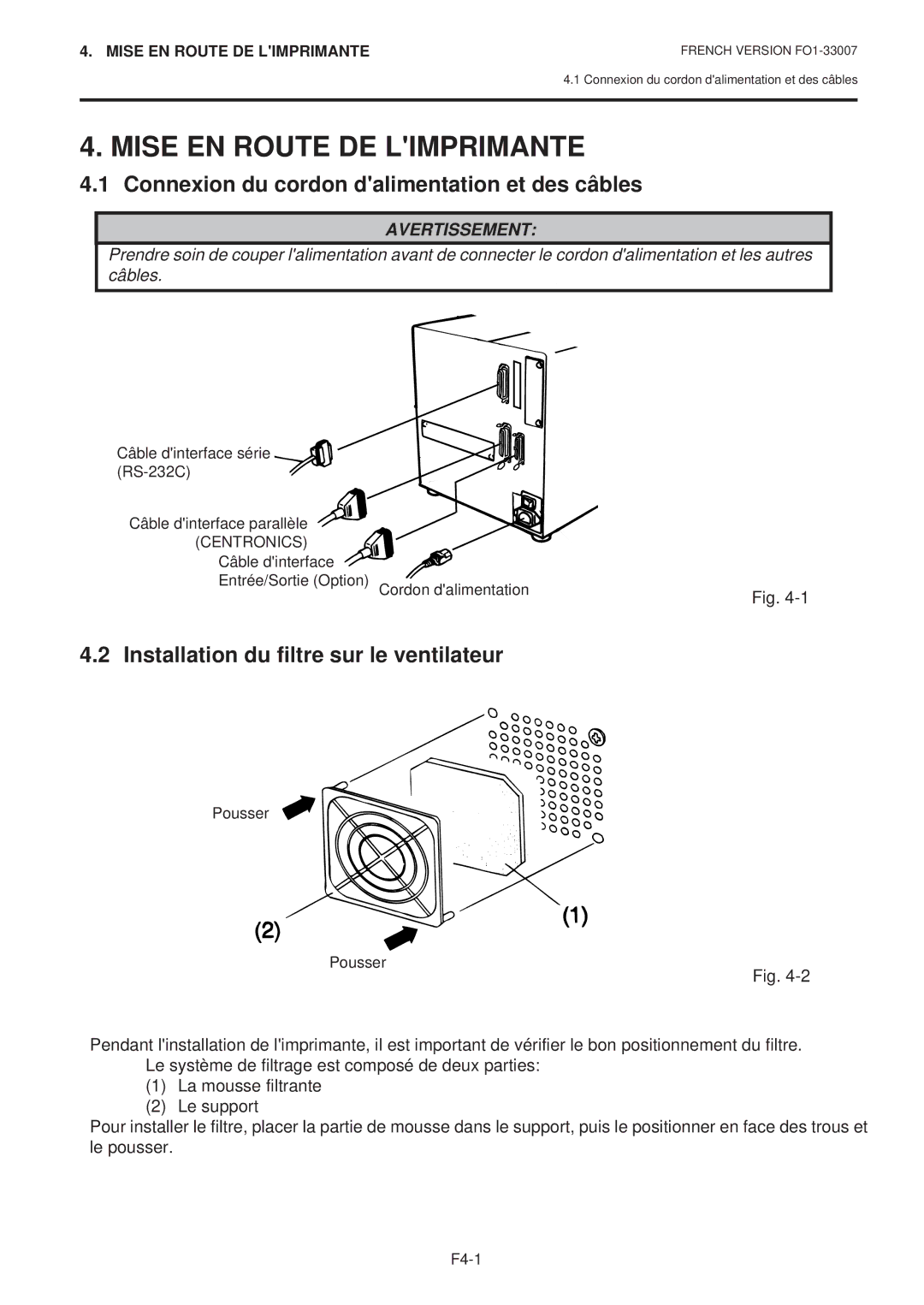 Toshiba B-480-QP SERIES owner manual Mise EN Route DE Limprimante, Connexion du cordon dalimentation et des câbles 