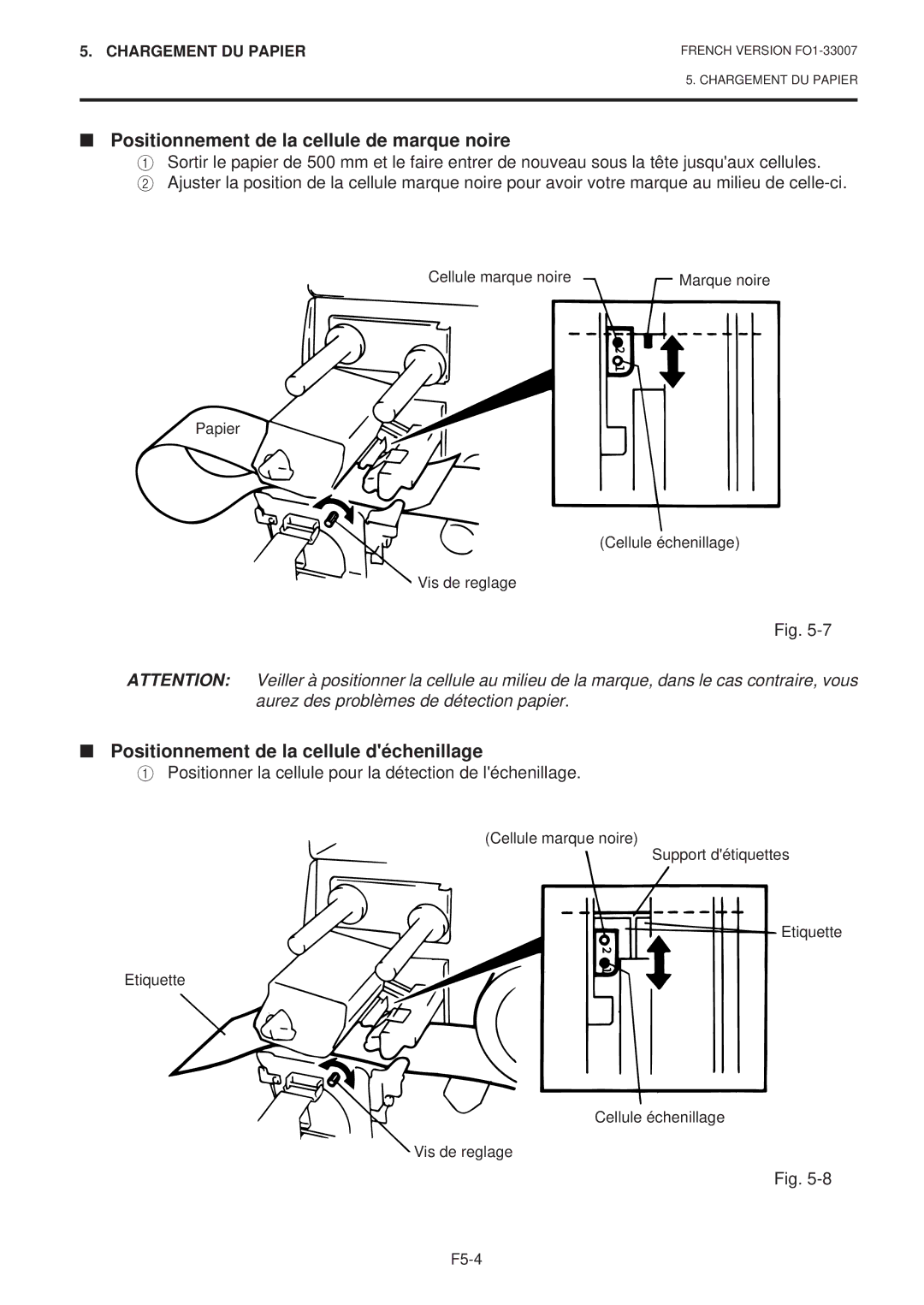 Toshiba B-480-QP SERIES Positionnement de la cellule de marque noire, Positionnement de la cellule déchenillage 