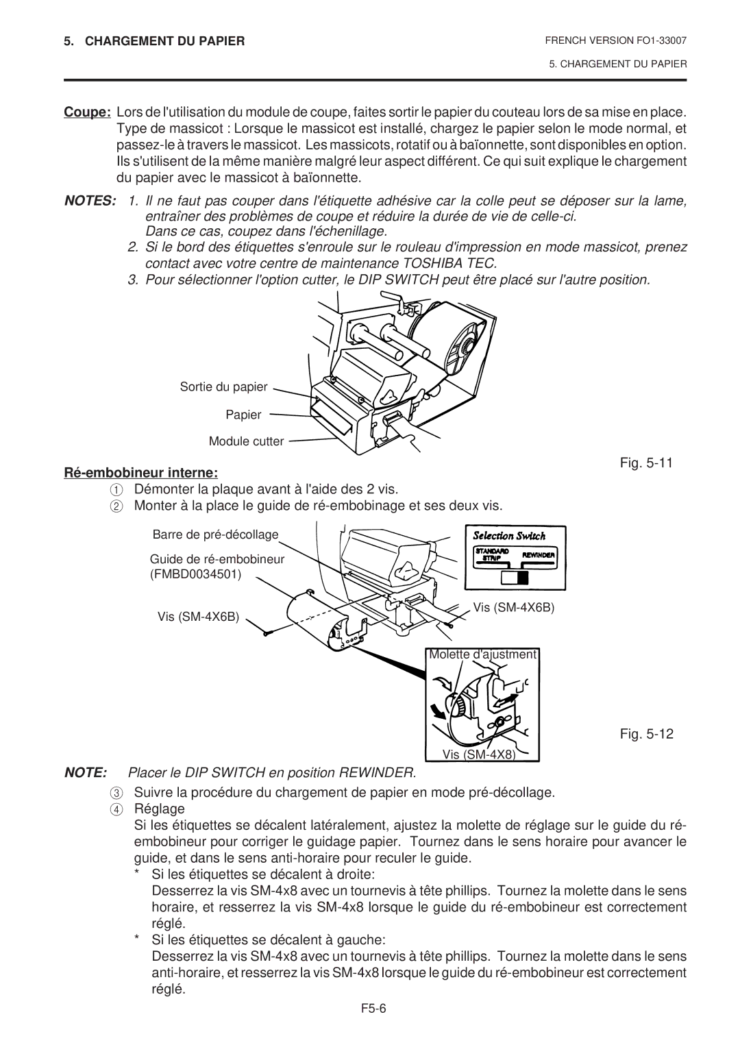 Toshiba B-480-QP SERIES owner manual Ré-embobineur interne 