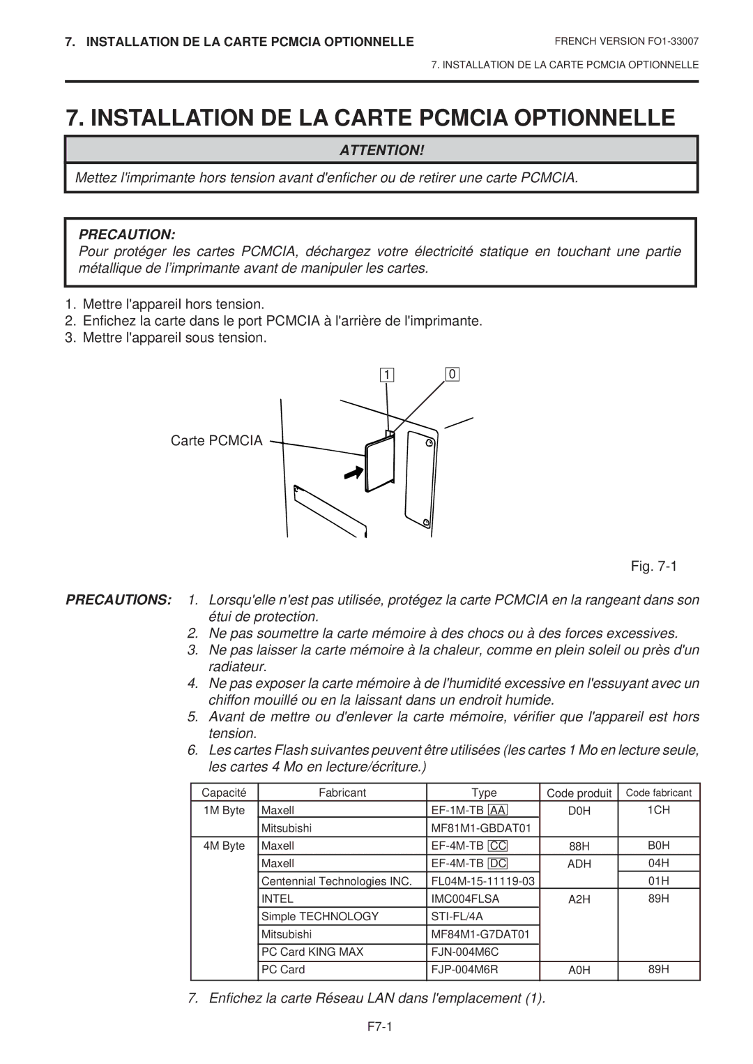 Toshiba B-480-QP SERIES owner manual Installation DE LA Carte Pcmcia Optionnelle, Precaution 