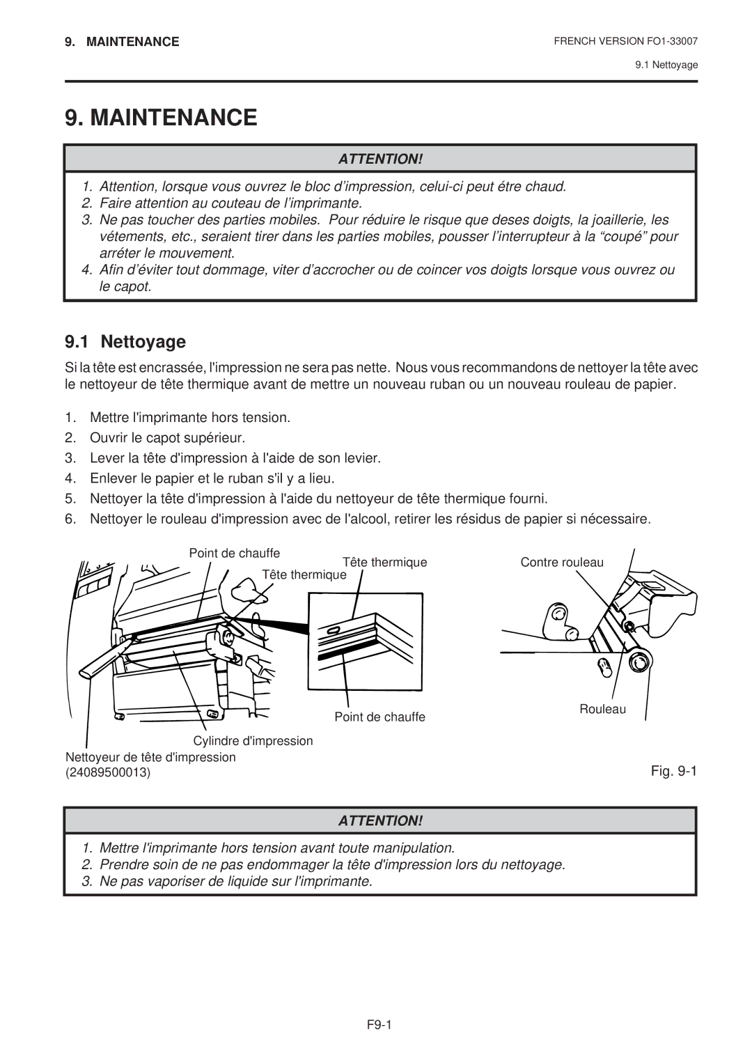 Toshiba B-480-QP SERIES owner manual Maintenance, Nettoyage 