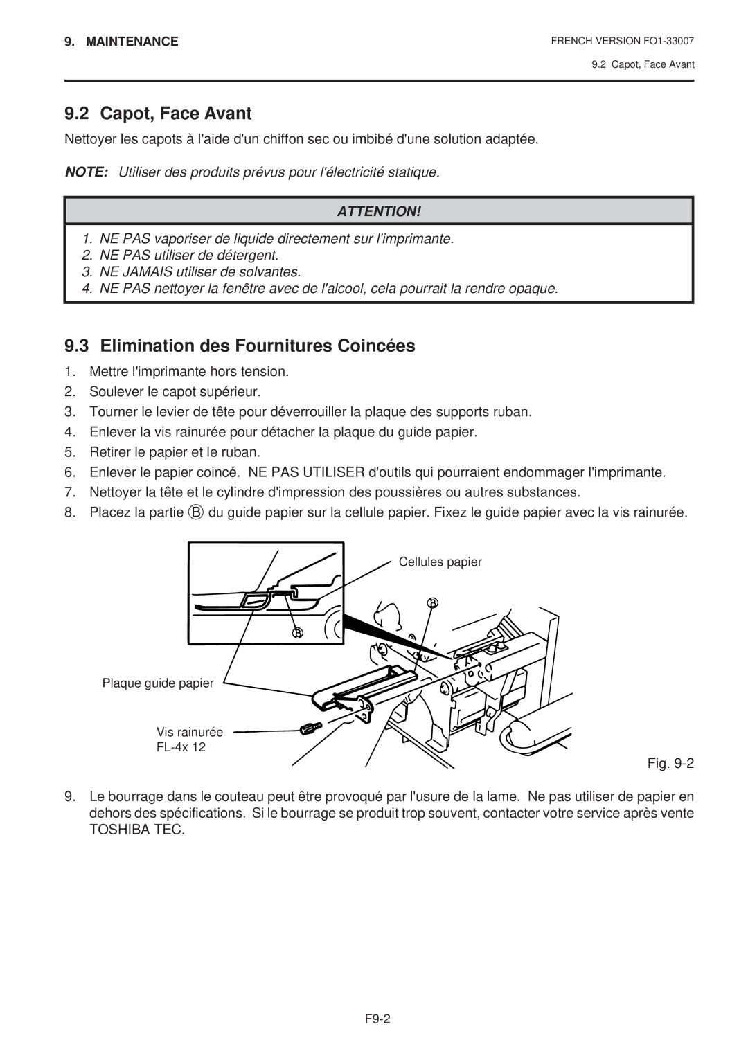 Toshiba B-480-QP SERIES owner manual Capot, Face Avant, Elimination des Fournitures Coincées, Toshiba TEC 