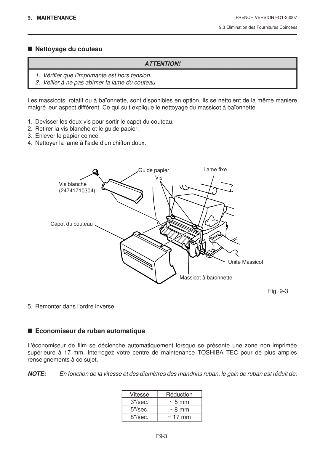 Toshiba B-480-QP SERIES owner manual Nettoyage du couteau, Economiseur de ruban automatique, Remonter dans lordre inverse 