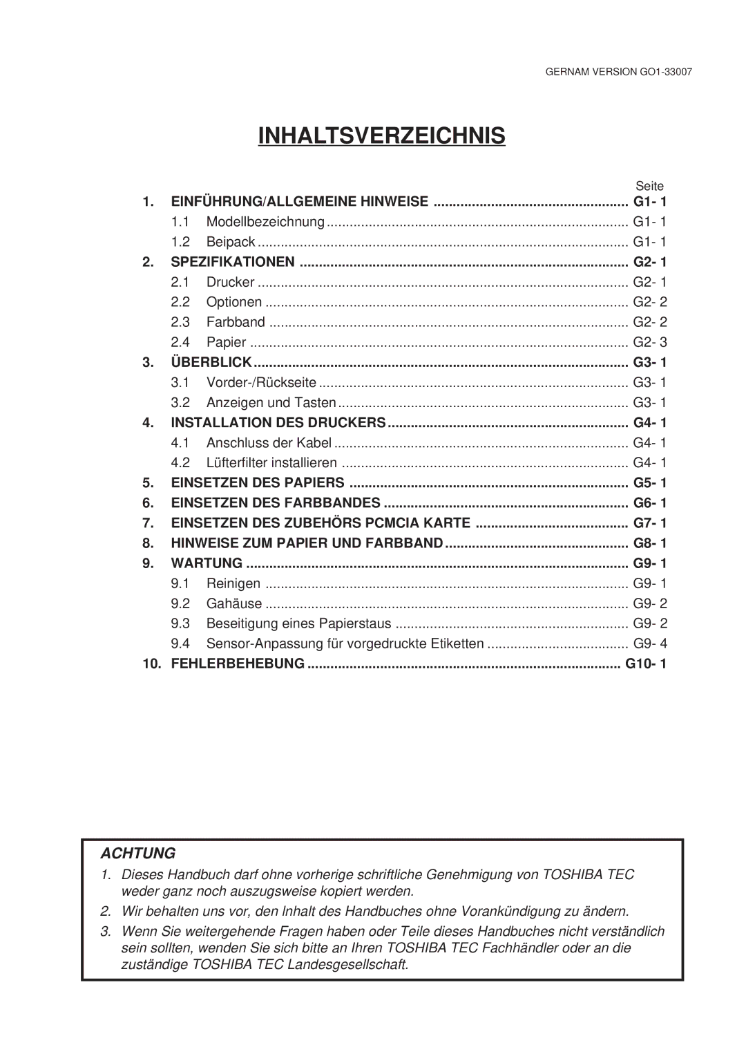 Toshiba B-480-QP SERIES owner manual Inhaltsverzeichnis, G10 