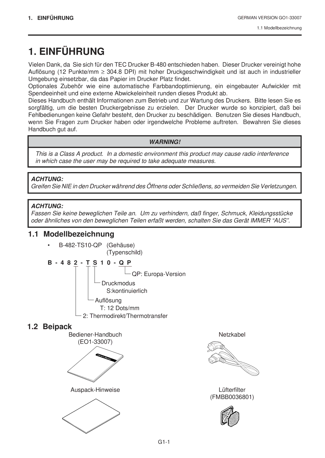 Toshiba B-480-QP SERIES owner manual Einführung, Modellbezeichnung, Beipack, 482-TS10-QP Gehäuse Typenschild 