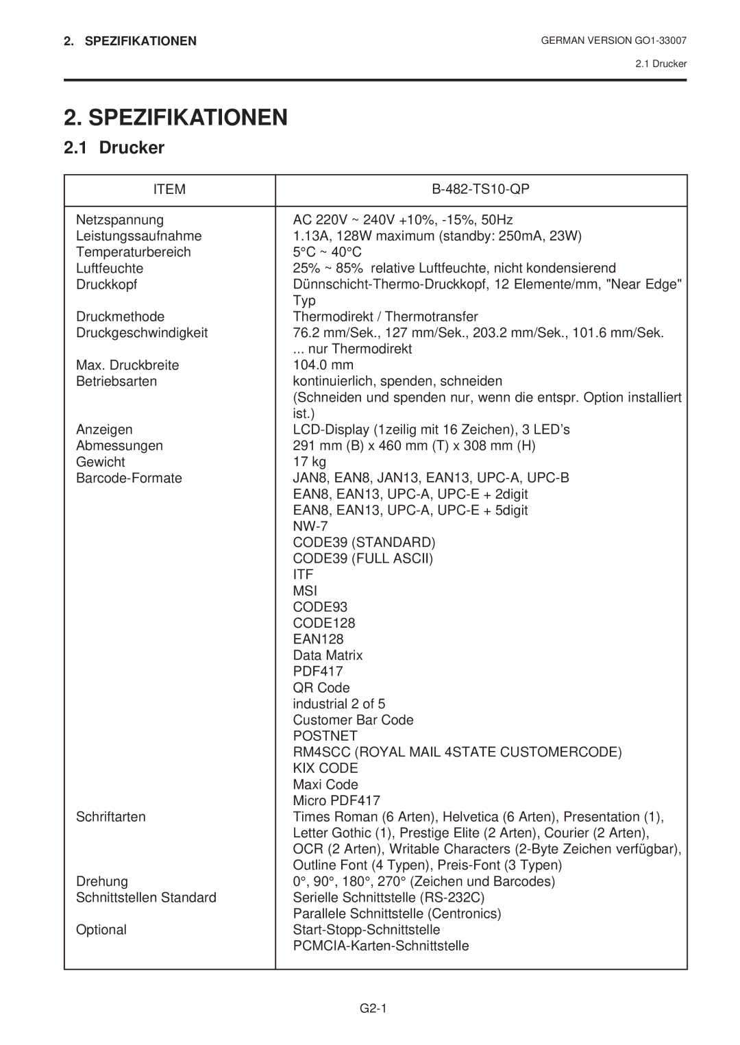 Toshiba B-480-QP SERIES owner manual Spezifikationen, Drucker 