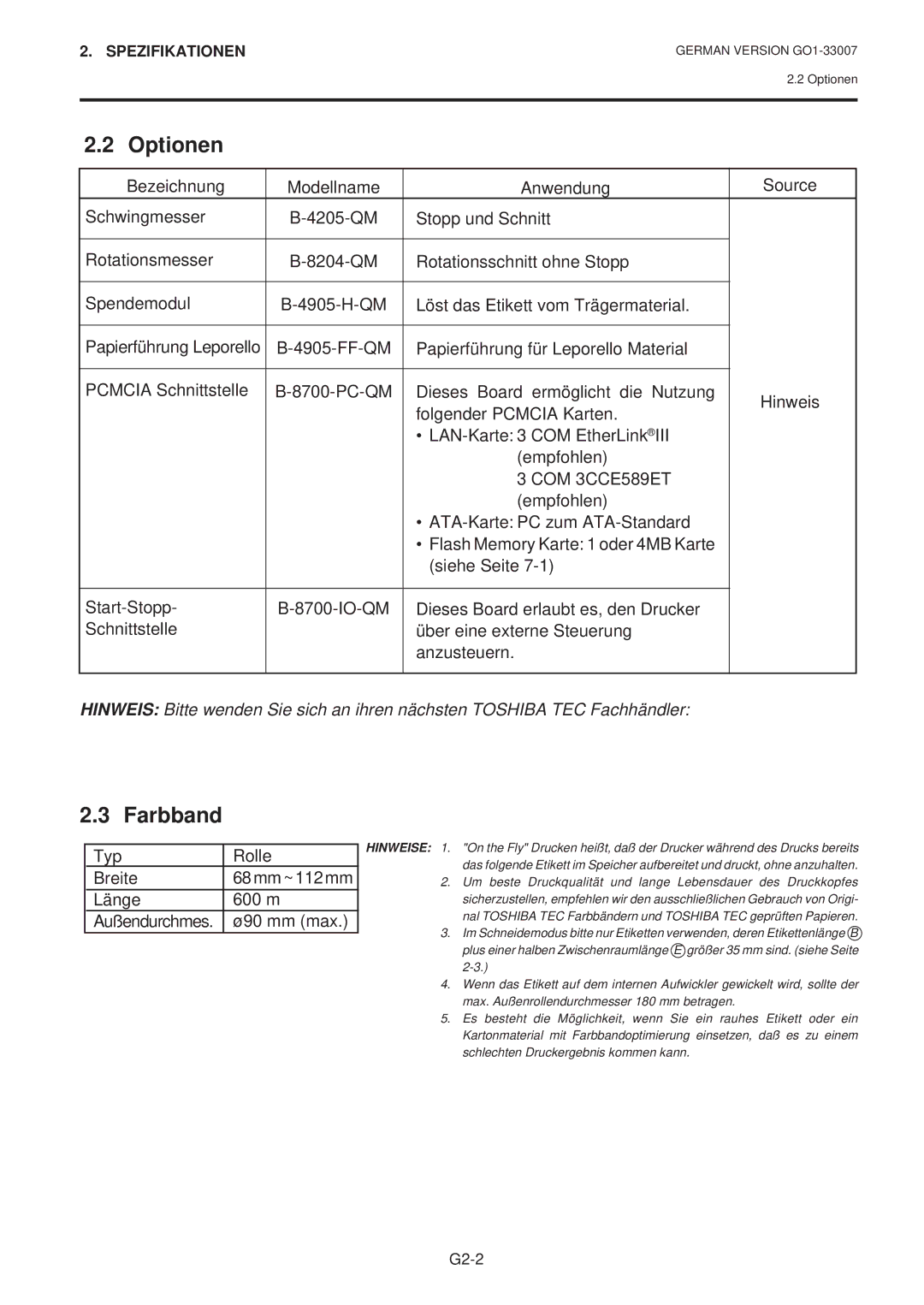 Toshiba B-480-QP SERIES owner manual Optionen, Farbband, Typ Rolle Breite, Länge 600 m 