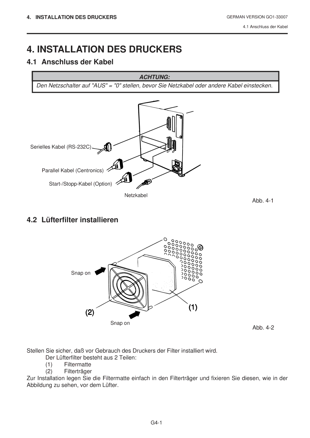 Toshiba B-480-QP SERIES owner manual Installation DES Druckers, Anschluss der Kabel, Lüfterfilter installieren 