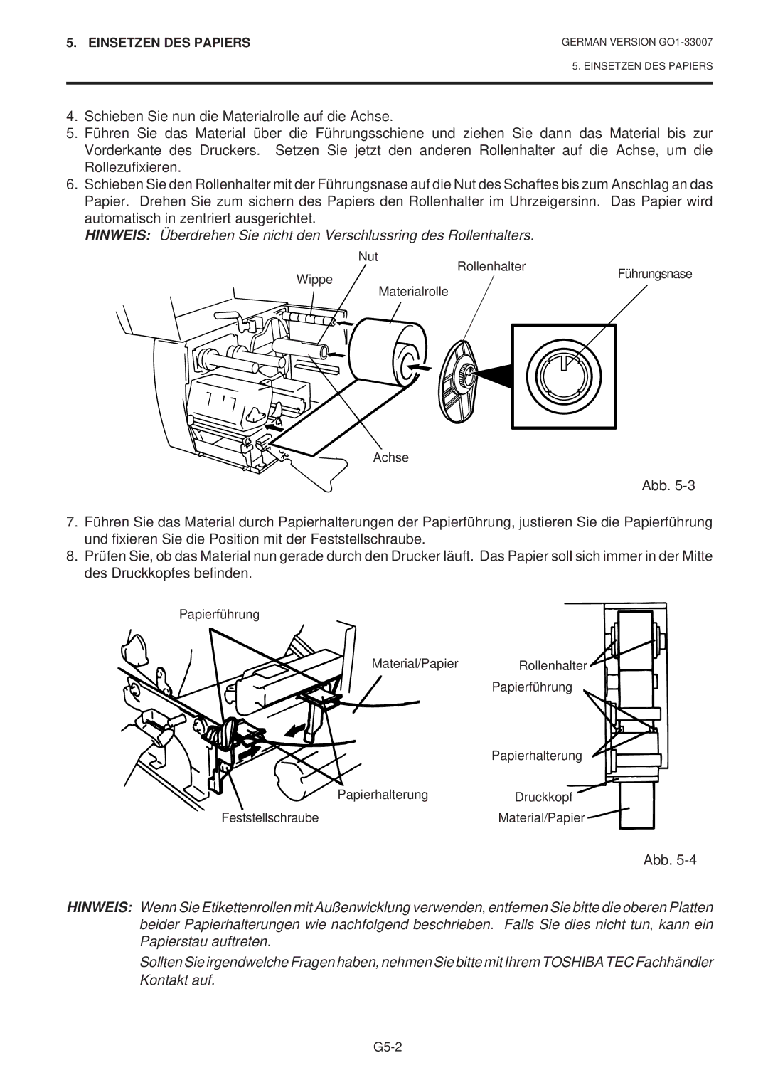 Toshiba B-480-QP SERIES owner manual Nut Wippe Rollenhalter 