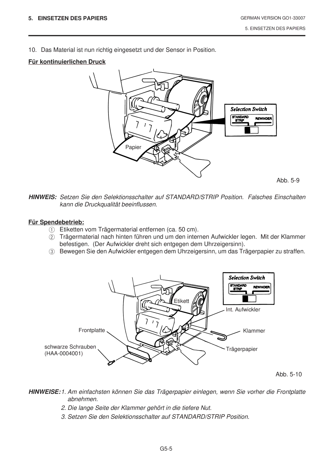 Toshiba B-480-QP SERIES owner manual Für kontinuierlichen Druck, Für Spendebetrieb 