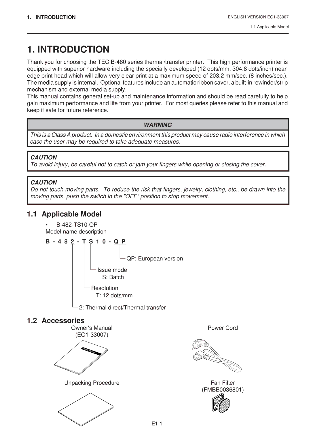 Toshiba B-480-QP SERIES owner manual Introduction, Applicable Model, Accessories, 8 2 T S 1 0 Q P 