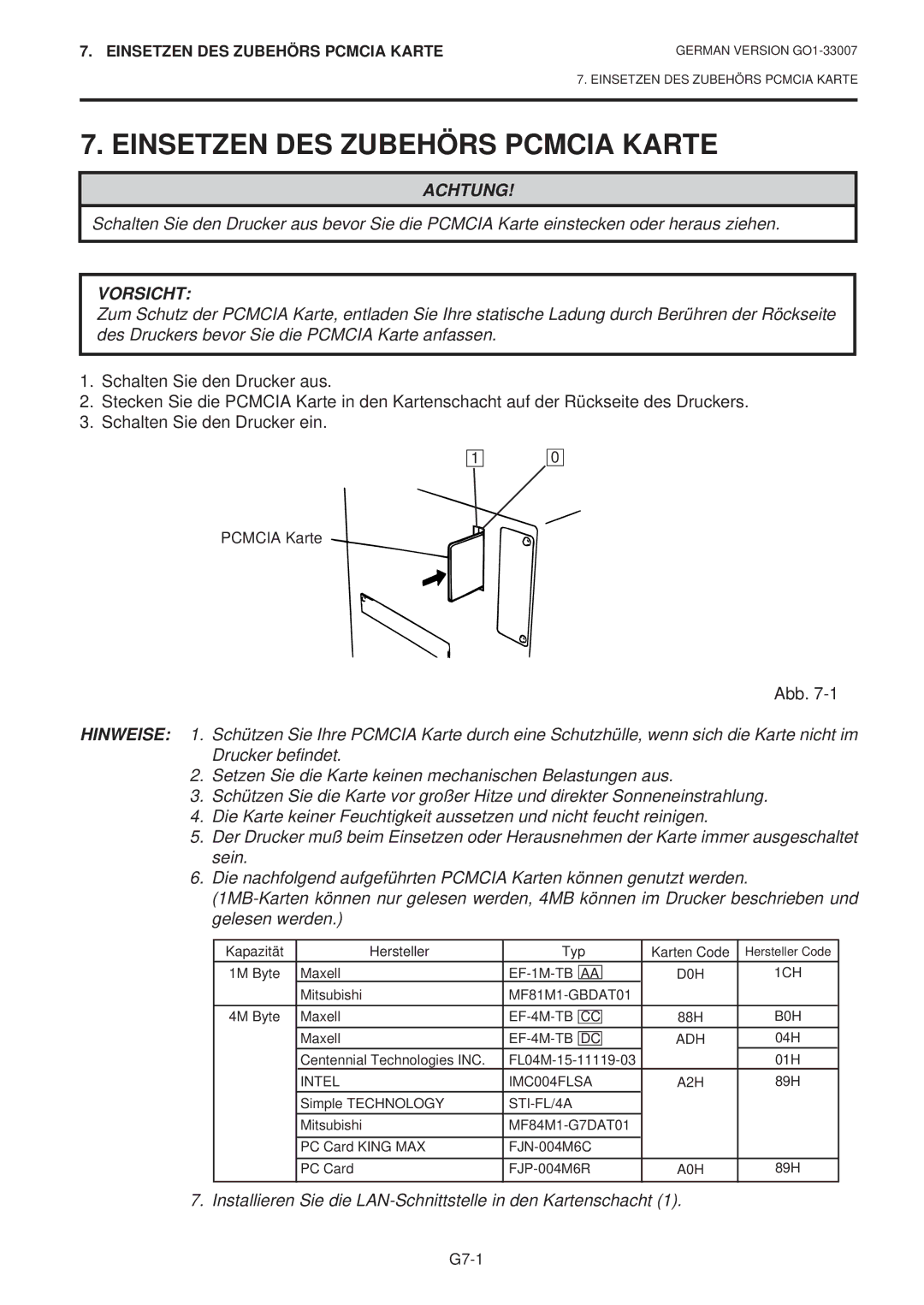 Toshiba B-480-QP SERIES owner manual Einsetzen DES Zubehörs Pcmcia Karte, Vorsicht 