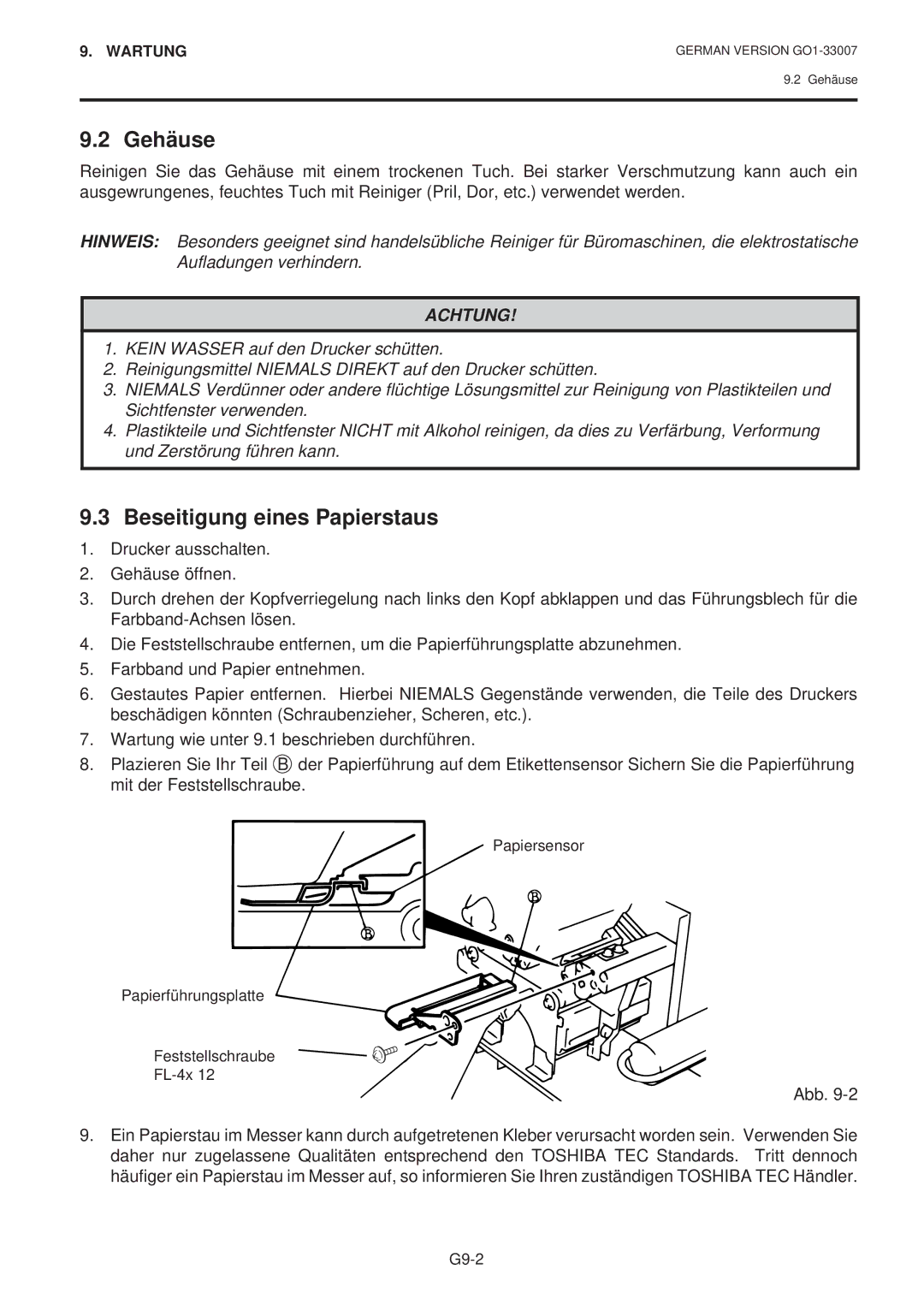 Toshiba B-480-QP SERIES owner manual Gehäuse, Beseitigung eines Papierstaus 