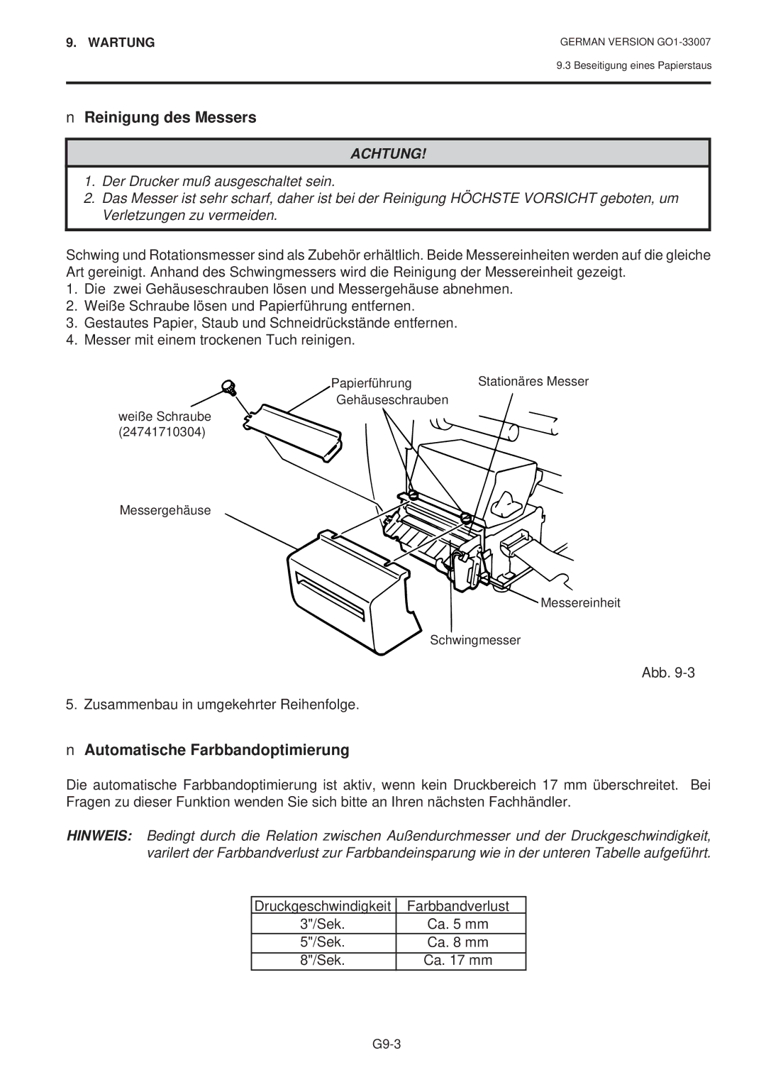 Toshiba B-480-QP SERIES Reinigung des Messers, Automatische Farbbandoptimierung, Druckgeschwindigkeit Farbbandverlust Sek 