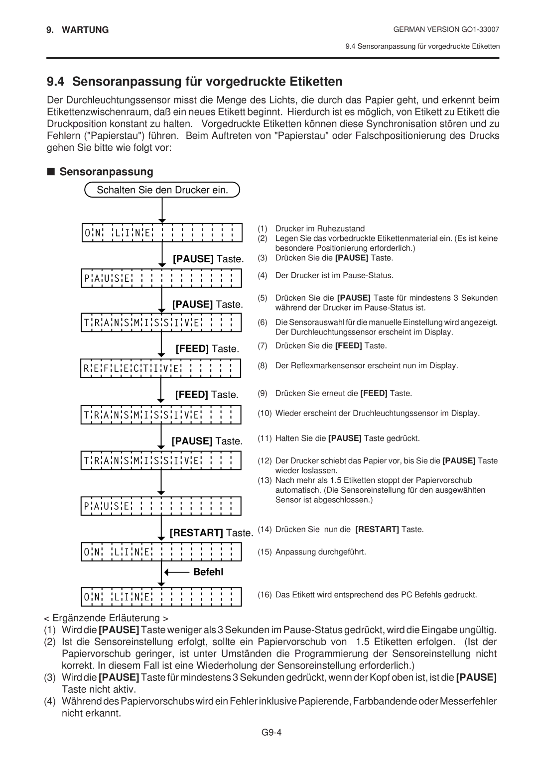 Toshiba B-480-QP SERIES owner manual Sensoranpassung für vorgedruckte Etiketten, Feed Taste, Befehl 