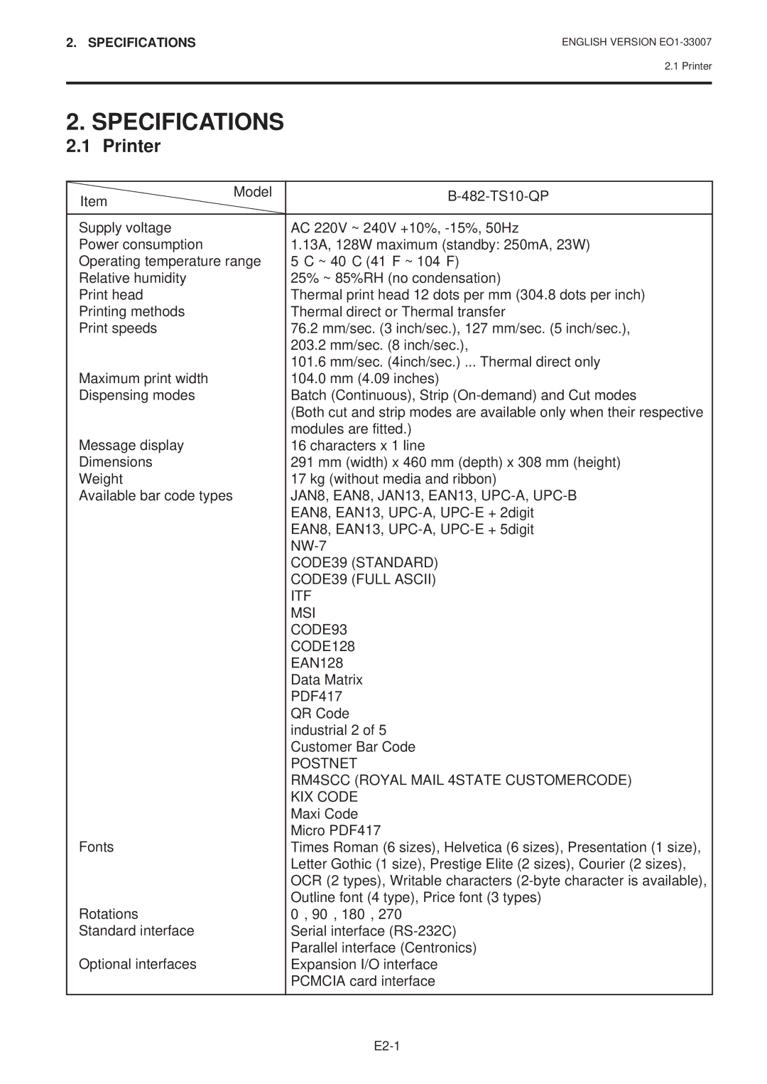 Toshiba B-480-QP SERIES owner manual Specifications, Printer 