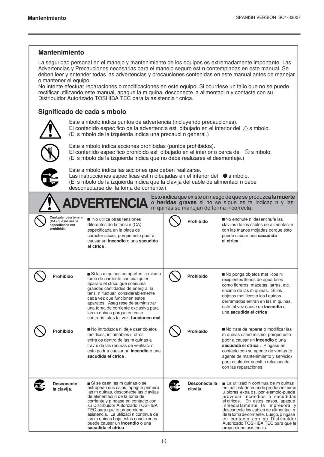 Toshiba B-480-QP SERIES owner manual Mantenimiento, Significado de cada símbolo 