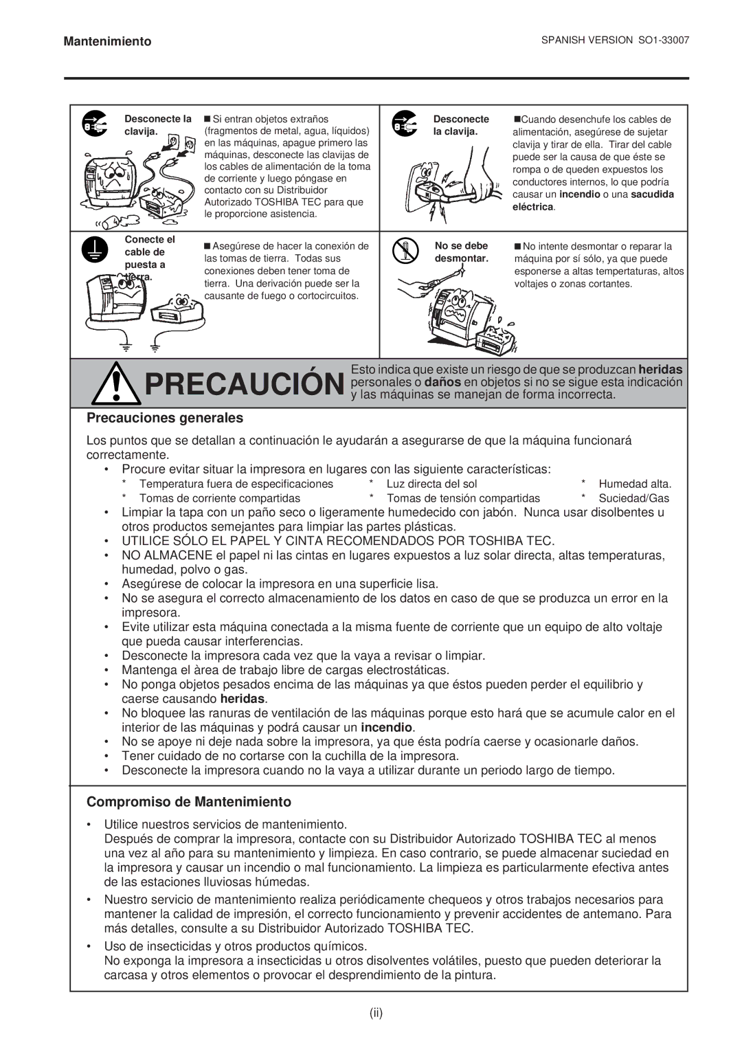 Toshiba B-480-QP SERIES owner manual Precauciones generales, Compromiso de Mantenimiento 