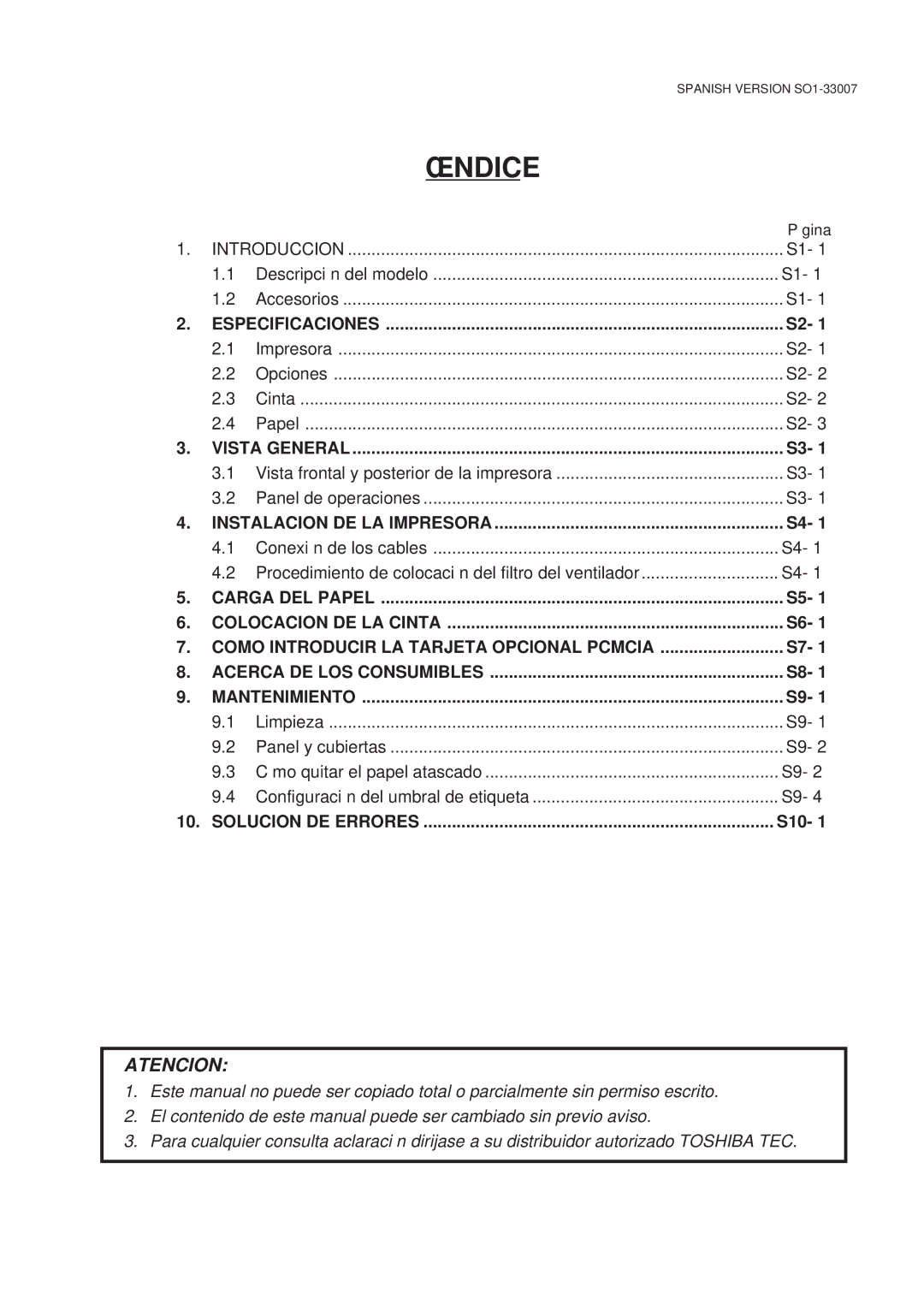 Toshiba B-480-QP SERIES owner manual Índice, S10 