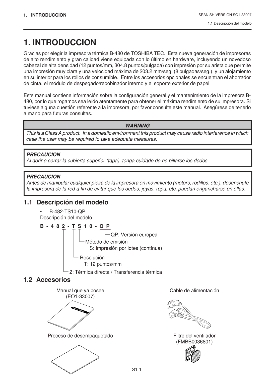 Toshiba B-480-QP SERIES owner manual Introduccion, Accesorios, 482-TS10-QP Descripción del modelo 