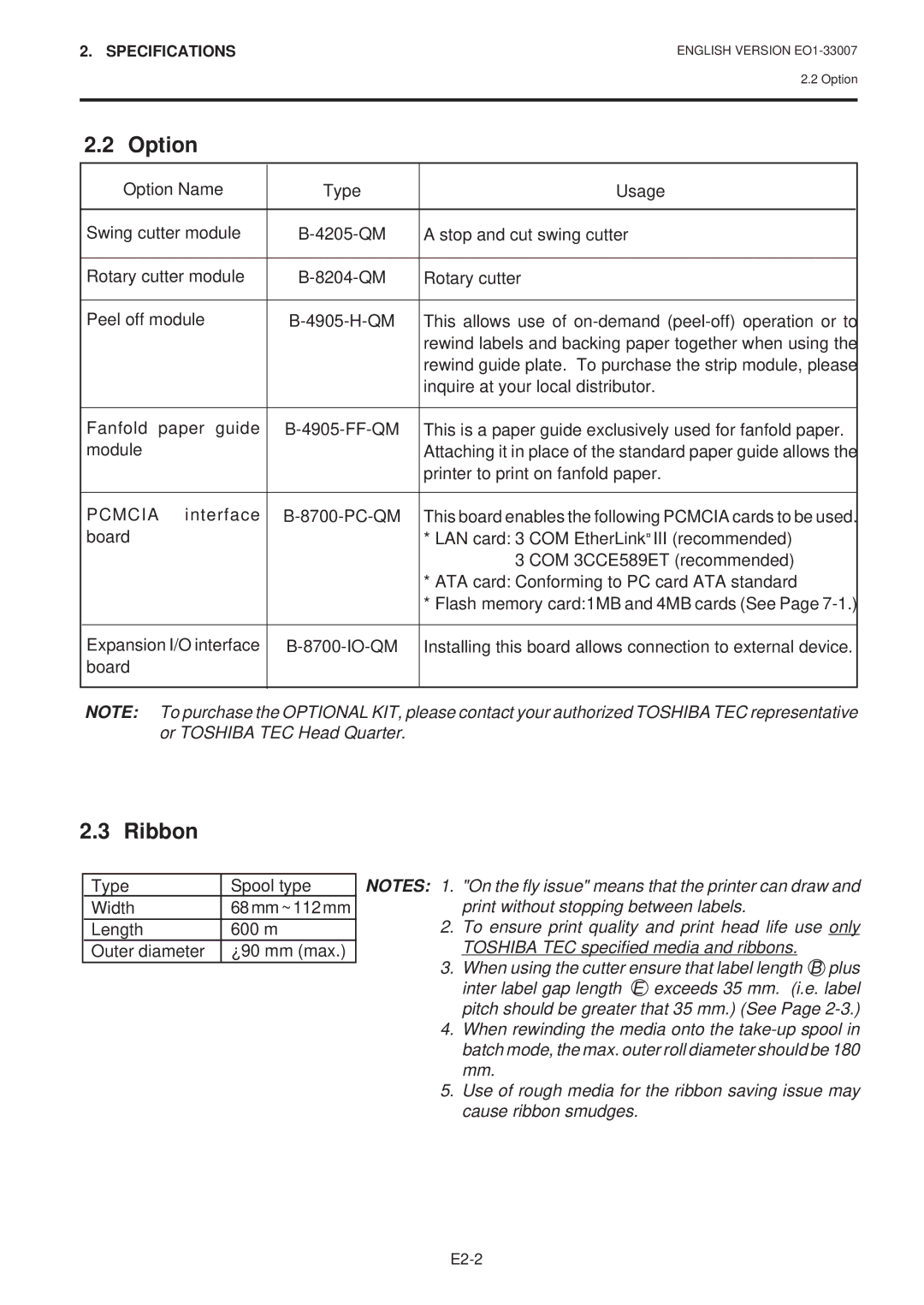 Toshiba B-480-QP SERIES owner manual Option, Ribbon 