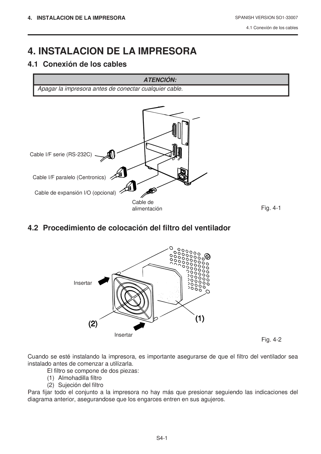 Toshiba B-480-QP SERIES owner manual Instalacion DE LA Impresora, Conexión de los cables 