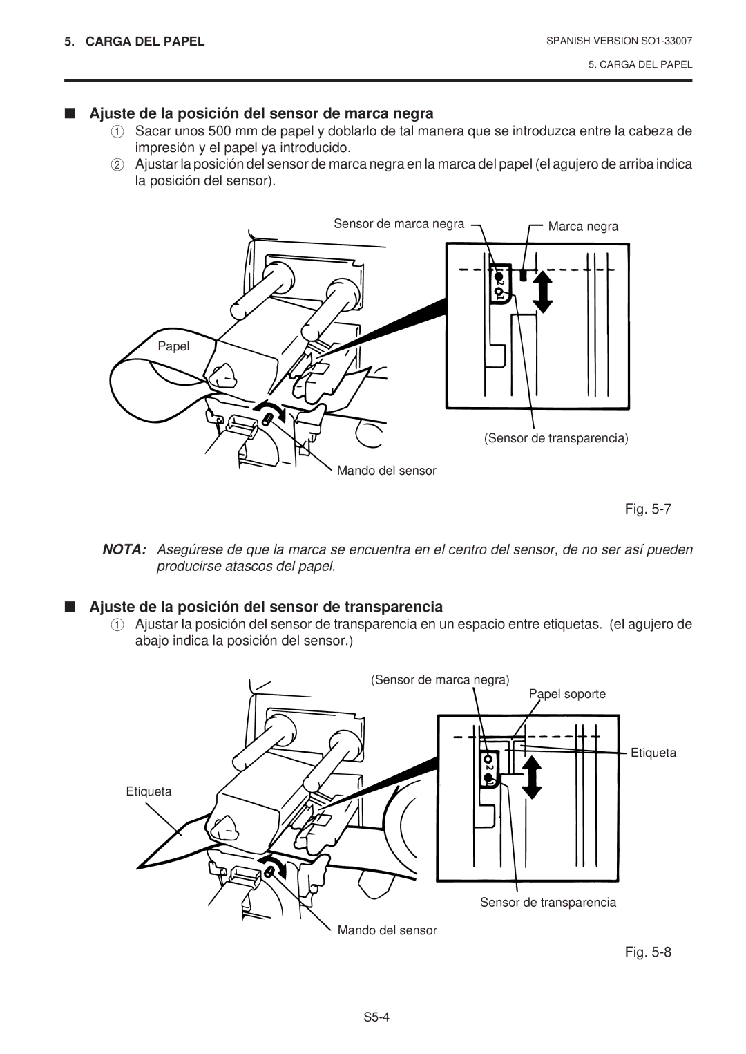 Toshiba B-480-QP SERIES Ajuste de la posición del sensor de marca negra, Ajuste de la posición del sensor de transparencia 