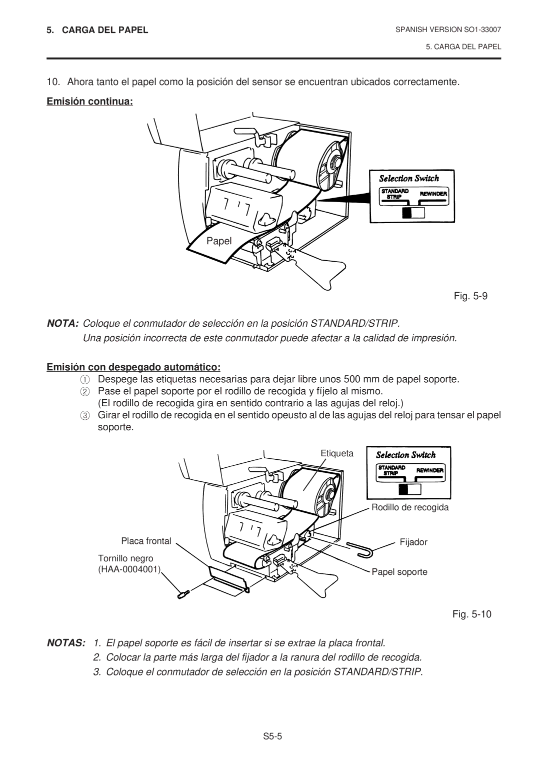 Toshiba B-480-QP SERIES owner manual Emisión continua, Papel, Emisión con despegado automático 