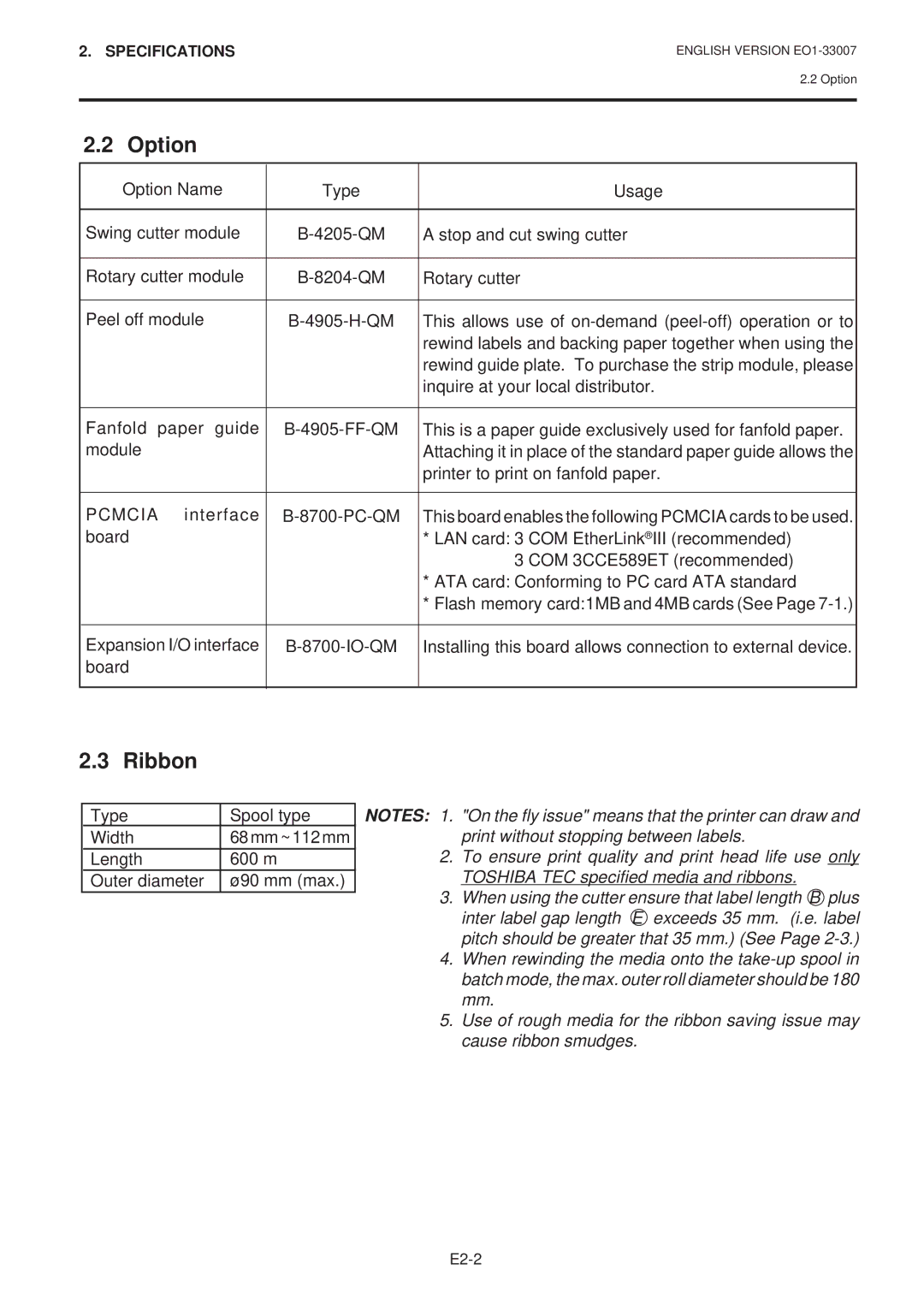 Toshiba B-480-QP owner manual Option, Ribbon 