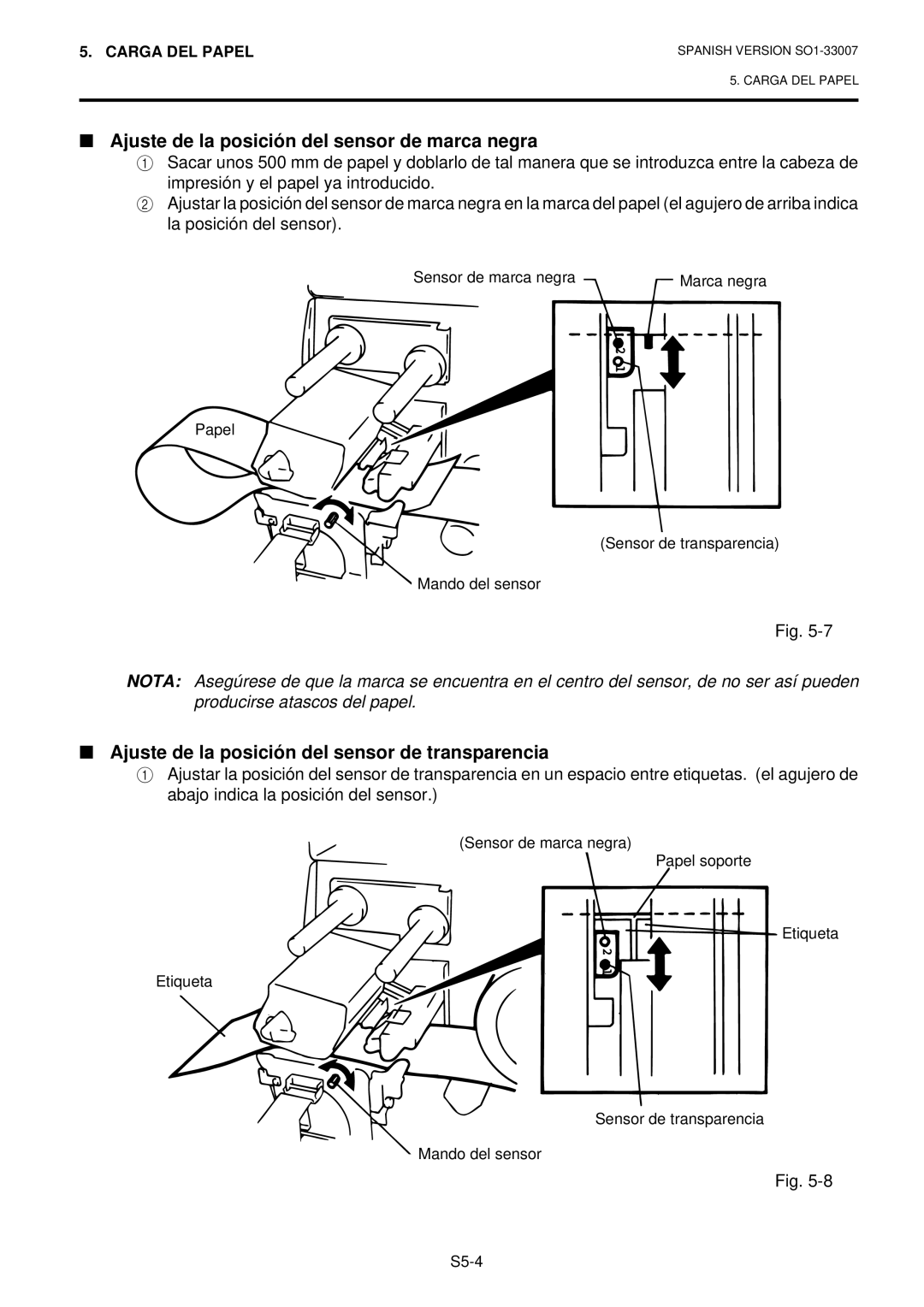 Toshiba B-480-QP Ajuste de la posición del sensor de marca negra, Ajuste de la posición del sensor de transparencia 