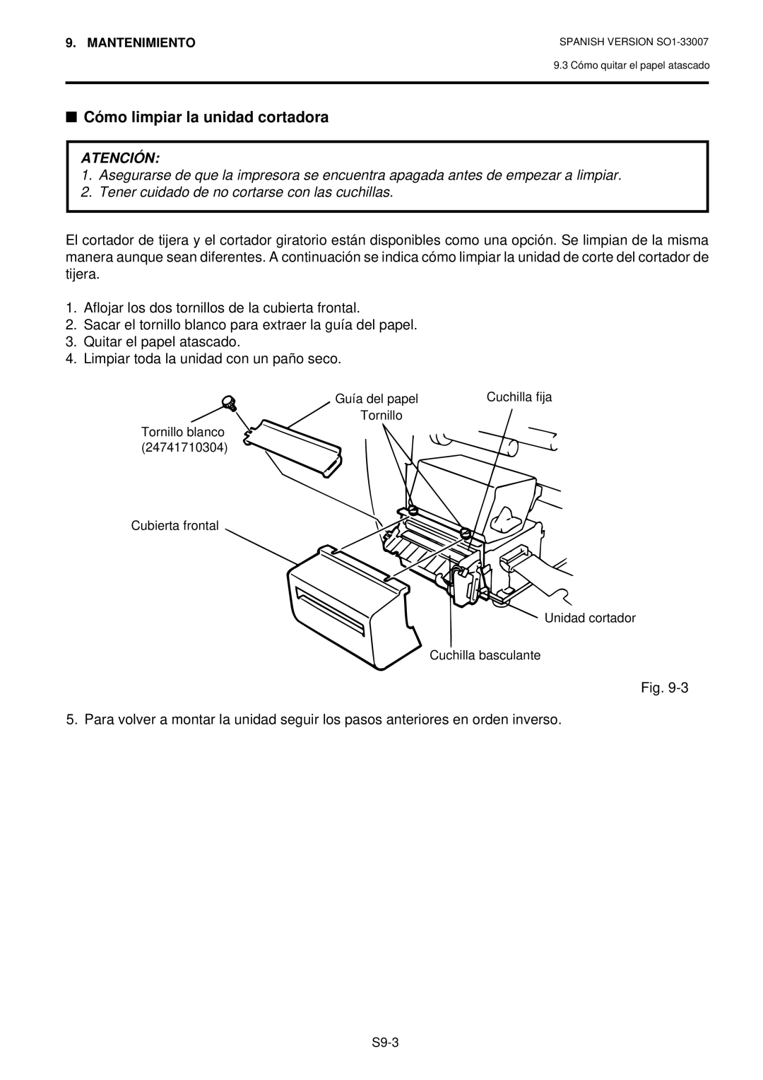 Toshiba B-480-QP owner manual Cómo limpiar la unidad cortadora 