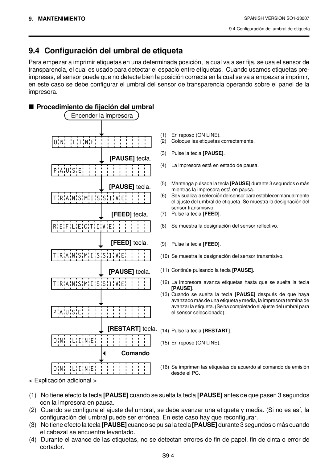 Toshiba B-480-QP owner manual Configuración del umbral de etiqueta, Procedimiento de fijación del umbral 