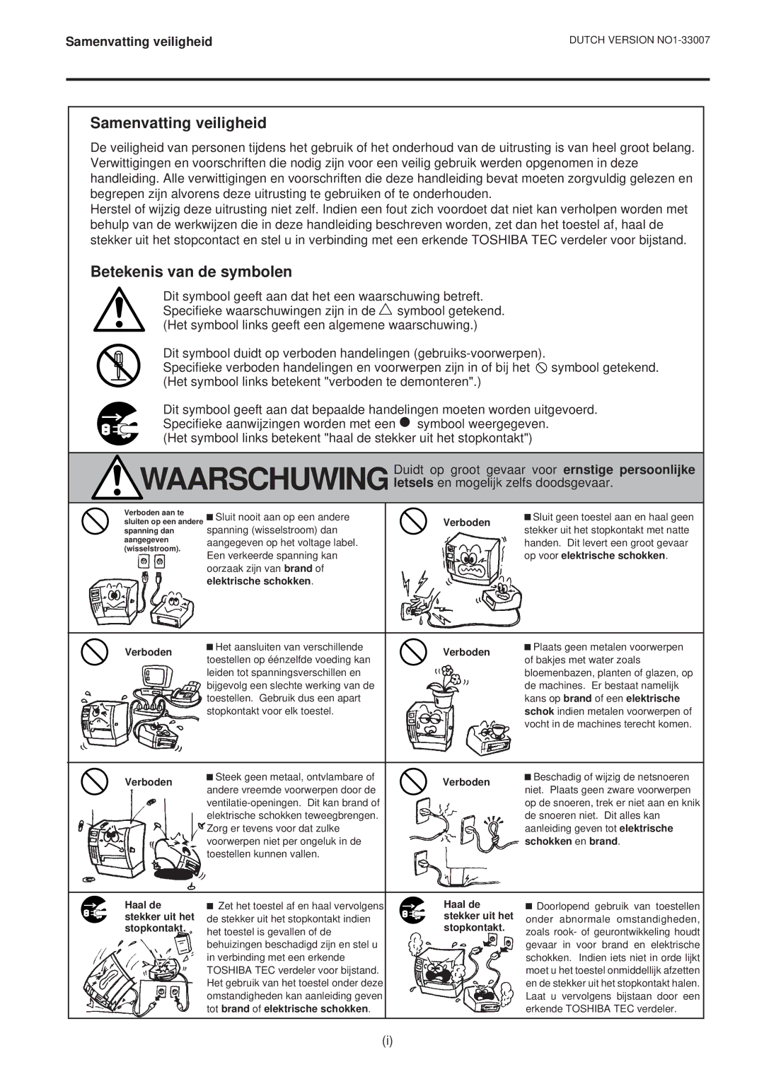 Toshiba B-480-QP owner manual Samenvatting veiligheid, Betekenis van de symbolen 