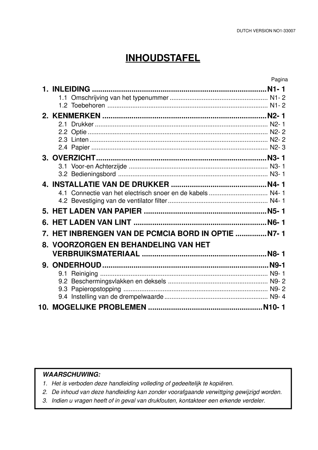 Toshiba B-480-QP owner manual Inhoudstafel, N9-1 