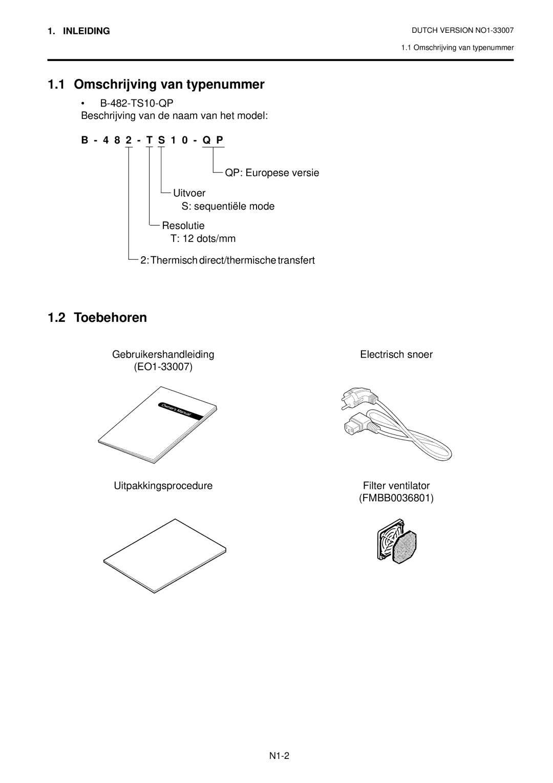 Toshiba B-480-QP owner manual Omschrijving van typenummer, Toebehoren 