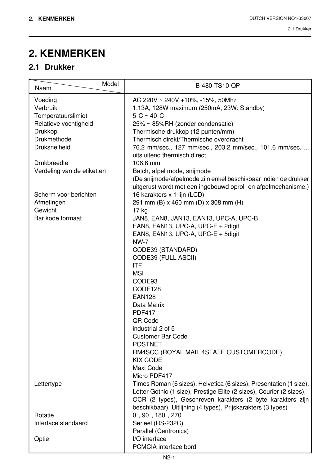 Toshiba B-480-QP owner manual Kenmerken, Drukker 