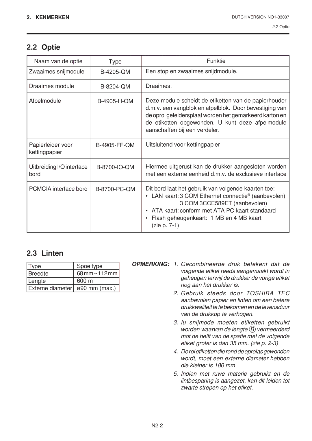 Toshiba B-480-QP owner manual Optie, Linten 