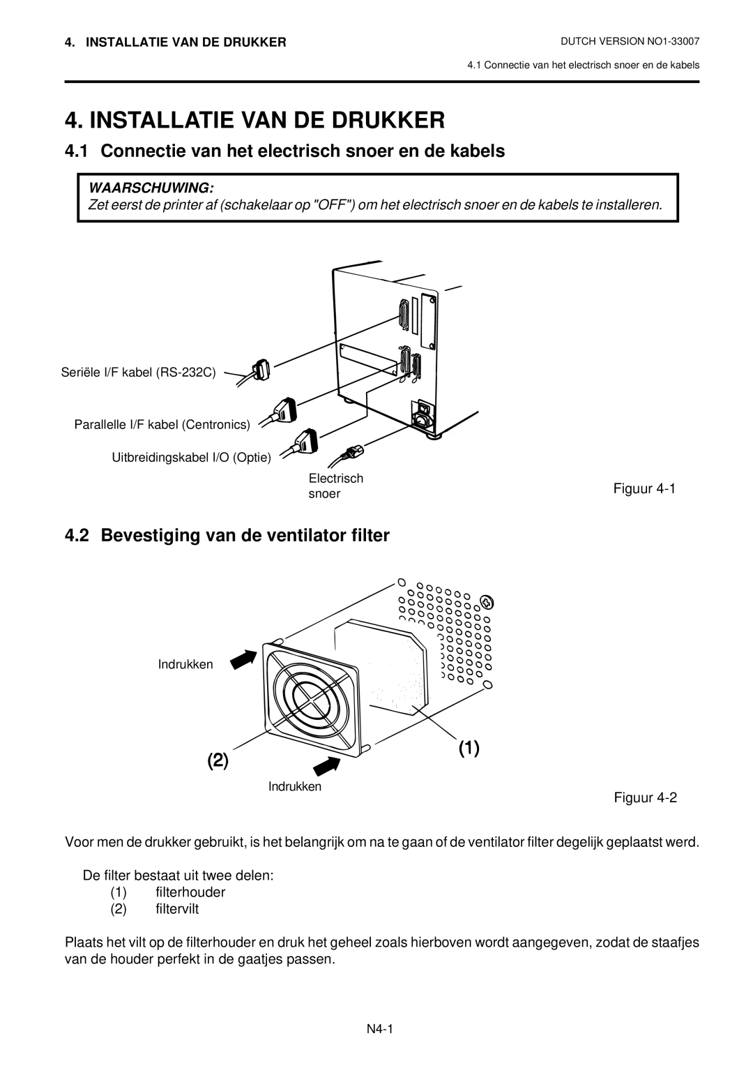 Toshiba B-480-QP owner manual Installatie VAN DE Drukker, Connectie van het electrisch snoer en de kabels 