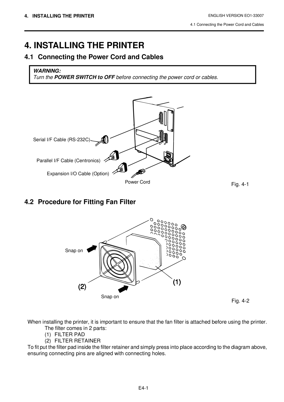 Toshiba B-480-QP Installing the Printer, Connecting the Power Cord and Cables, Procedure for Fitting Fan Filter 