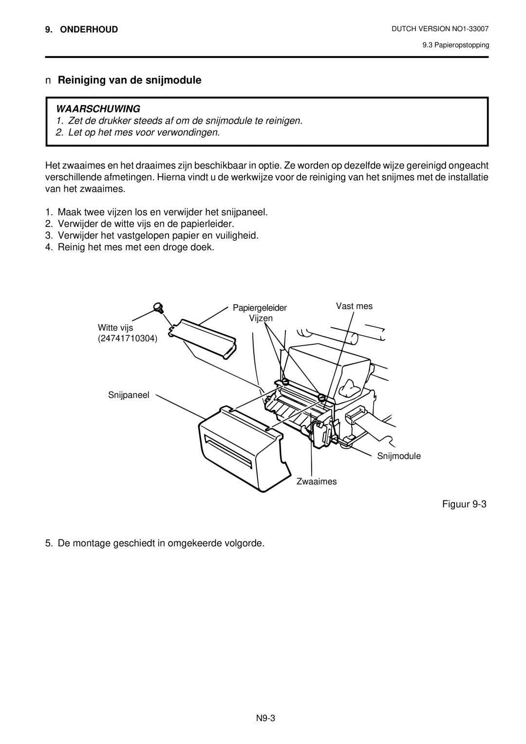 Toshiba B-480-QP owner manual Reiniging van de snijmodule 