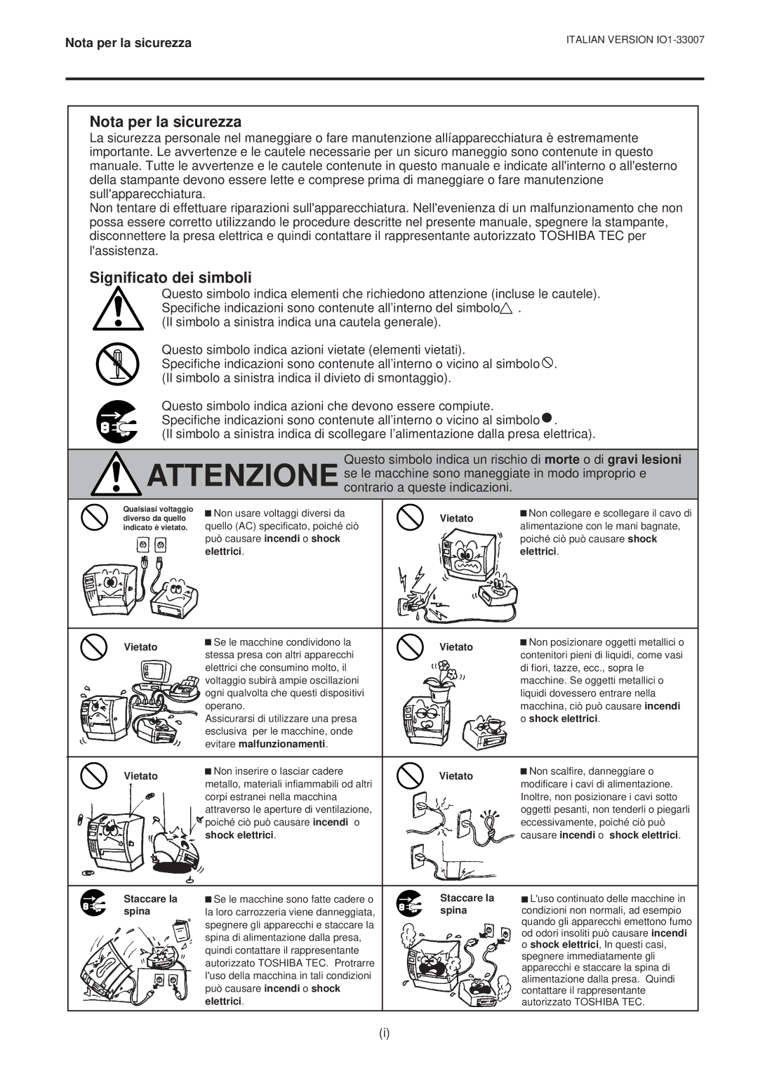 Toshiba B-480-QP owner manual Nota per la sicurezza, Significato dei simboli 