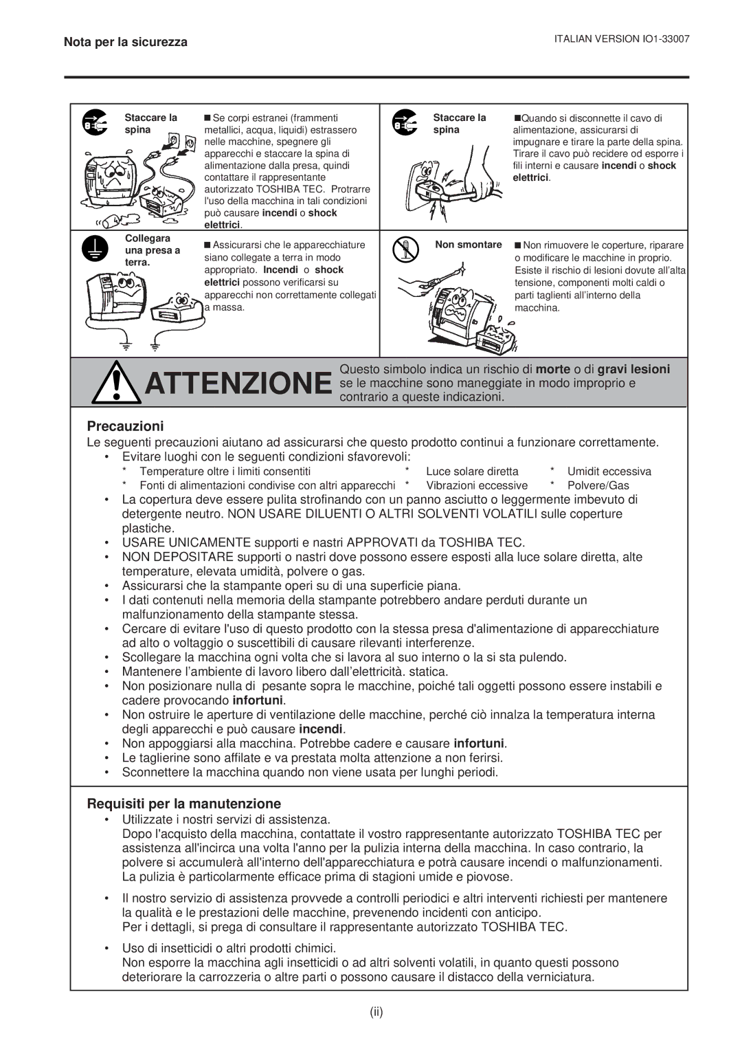 Toshiba B-480-QP owner manual Precauzioni, Requisiti per la manutenzione 